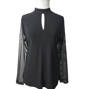 DKNY Black Stretch Knit Keyhole Mesh Arm Mock Top Blouse Size XL